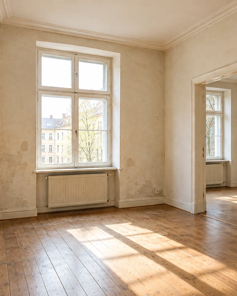 Unrenovierte Altbauwohnung mit hohen Fenstern und Holzboden.